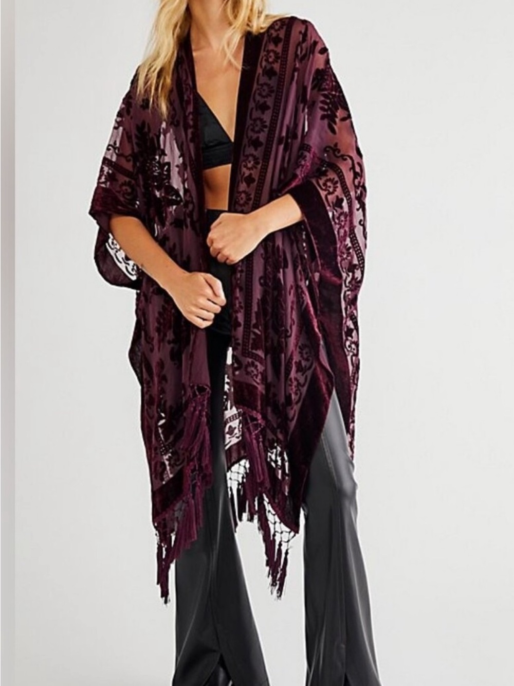 Free People Nightbird Burnout Velvet Kimono Plum Fringe Rare One Size